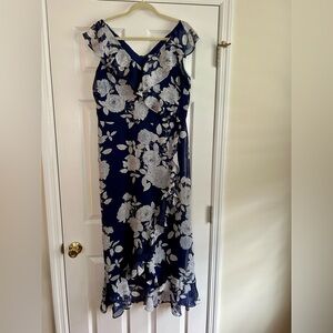 London Times Navy and White Blue Floral Midi Dress
